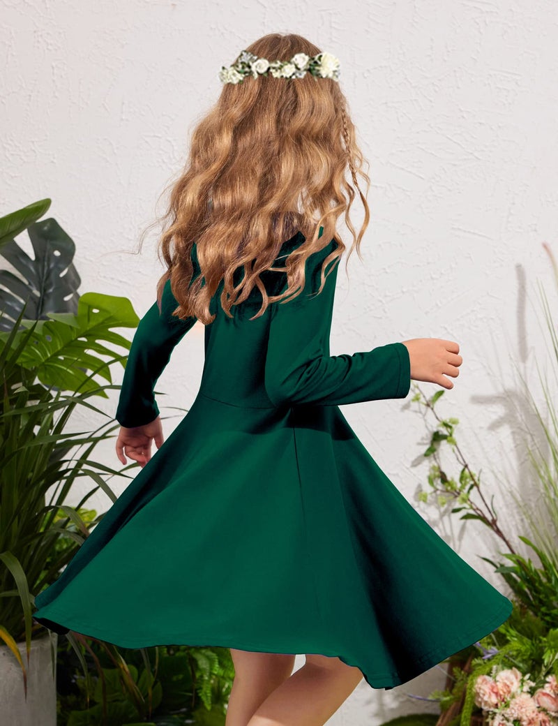 Arshiner Girls' Cotton Long Sleeve Twirly Skater Party Dress, Grass Green, 9 Years - Image 3